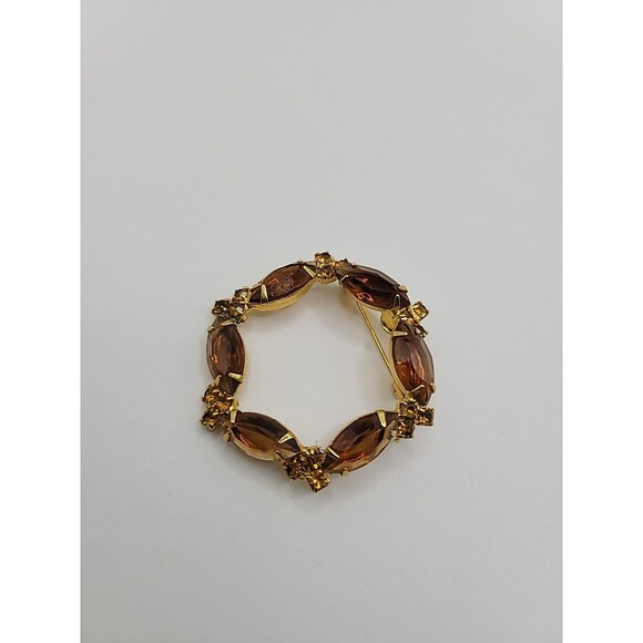 Vintage Brooch Pin Round Gold Tone Brown Yellow Crystals Jewelry Costume - Picture 13 of 13